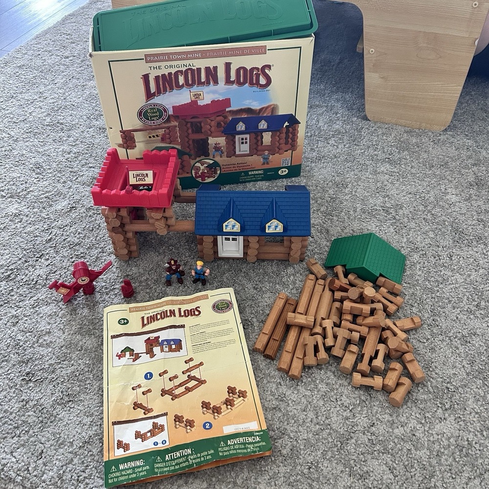 LINCOLN LOGS Prairie Town Mine 122 Pieces Manual Figurines Roof 1 2 3 Notches